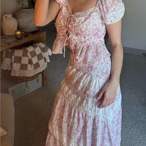 Floral Pink Lace-Up Two Piece Set